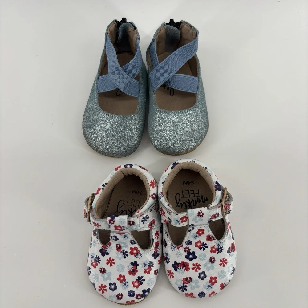 Monkey Feet Shoes Lot Of 2 Baby Girl Size 3-6 Months Blue Flower Flat Soft Soled